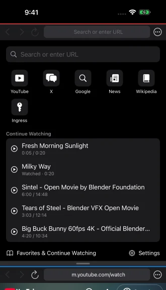 Continue Watching on the Start Page showing saved positions and watched videos